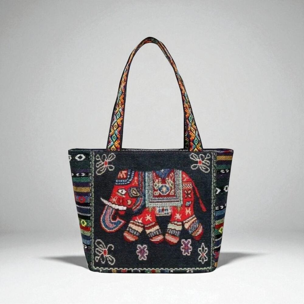 Black Elephant Embroidered Tote Bag Jacquard Fabric Boho Ethnic Shoulder Bag